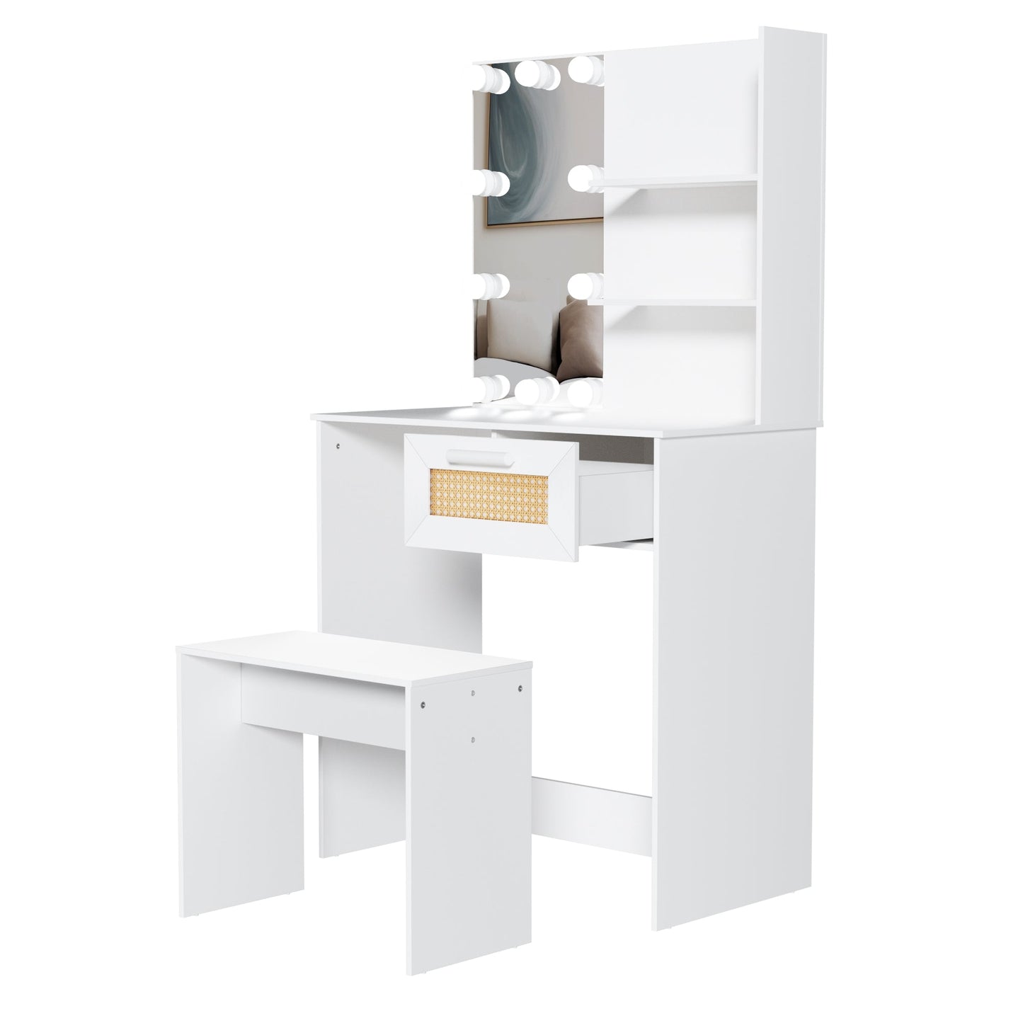 Vanity Desk Set Stool & Dressing Table with LED Lighting Mirror Drawer and Wood Cosmetic Table Chest of Drawers White Color - Korvel