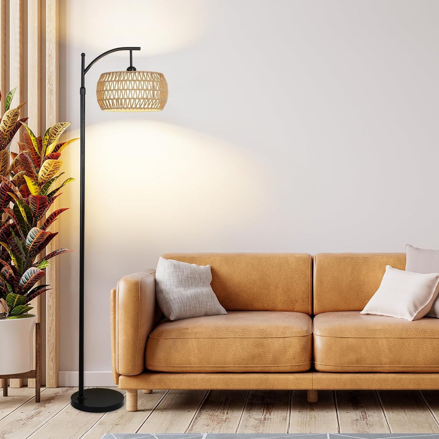 Arc Floor Lamp with Remote Control, Dimmable LED Floor Lamp with 3 Color Temperature Boho Farmhouse Tall Pole Lamp - Korvel