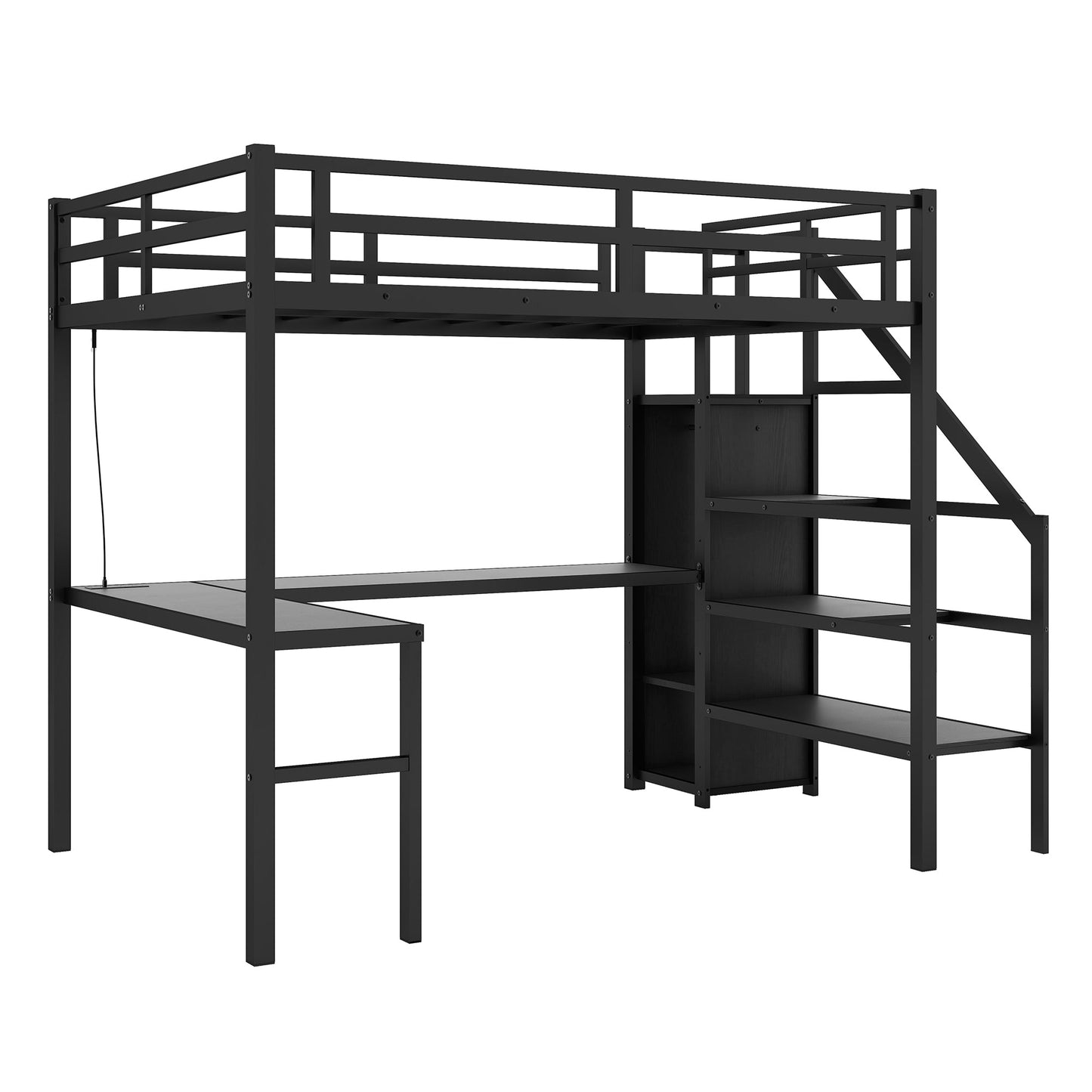 Twin XL Metal Loft Bed with L-shaped Desk and USB