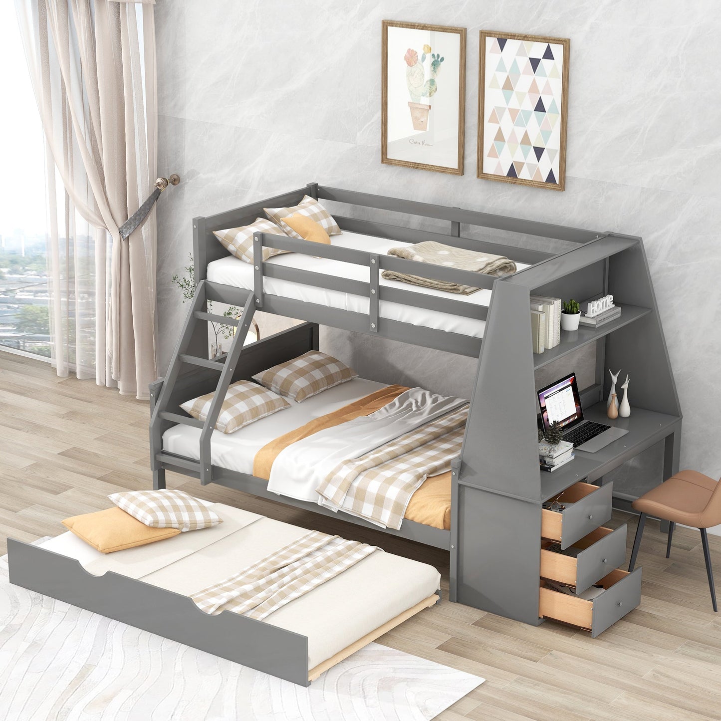 Lit superposé jumeau sur grand lit avec lit gigogne et bureau en gris