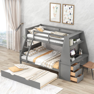 Twin over Full Bunk Bed with Trundle and Desk in Gray