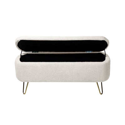 Ivory White Storage Ottoman Bench with Gold Legs