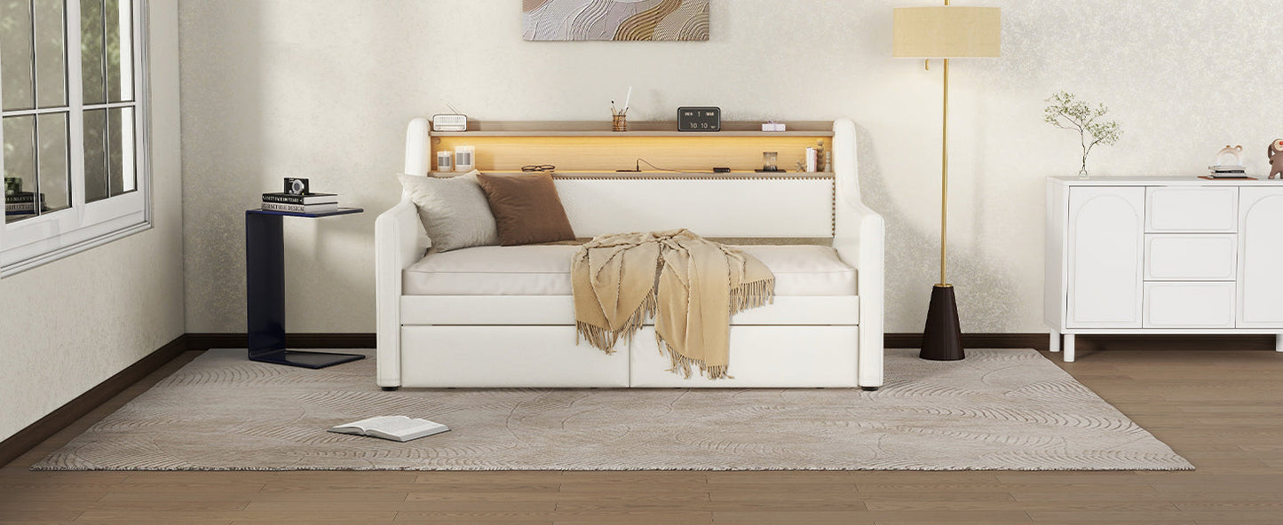 Twin Size Daybed with Drawers, Upholstered Daybed with Charging Station and LED Lights, White - Korvel