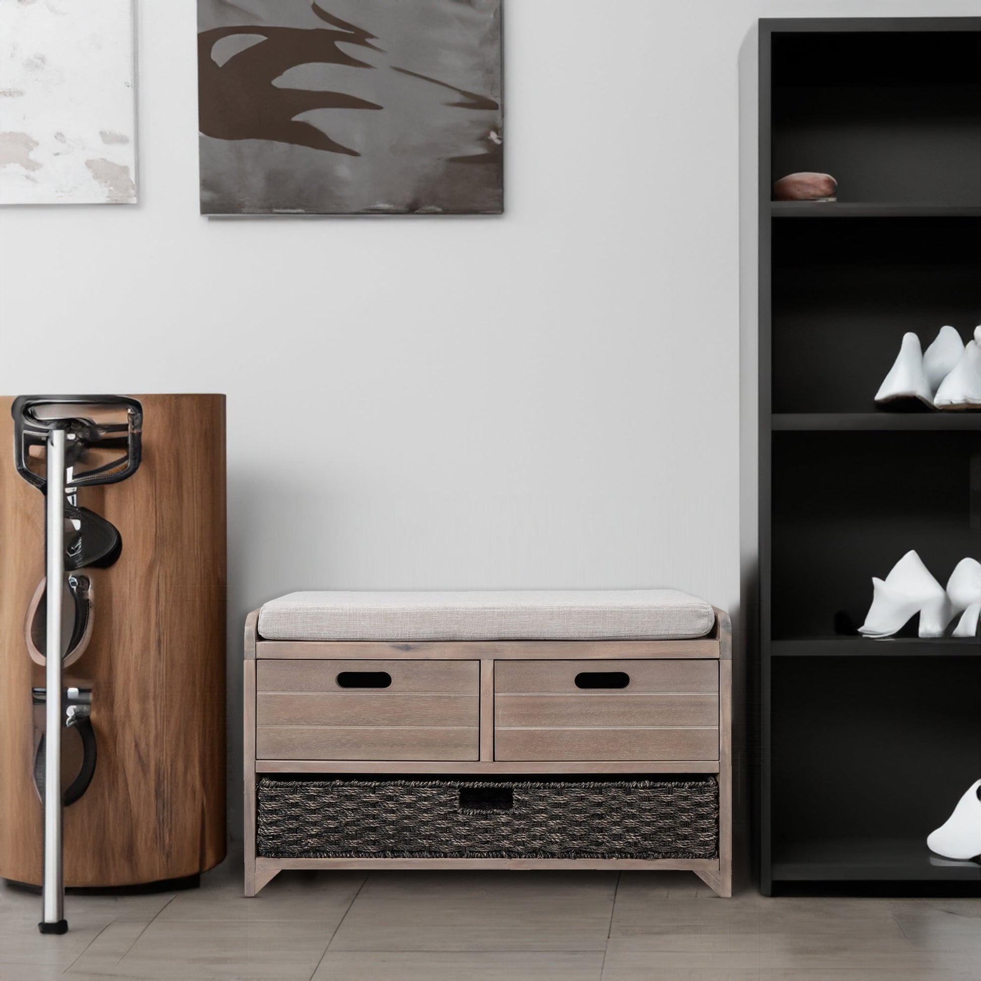 TREXM Storage Bench with Removable Basket and 2 Drawers, Fully Assembled Shoe Bench with Removable Cushion (White Washed) - Korvel