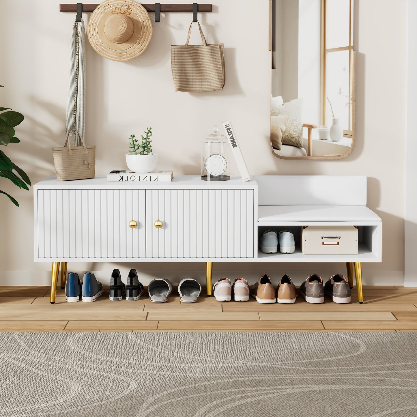 Banc de rangement pour chaussures blanc moderne avec rangement caché