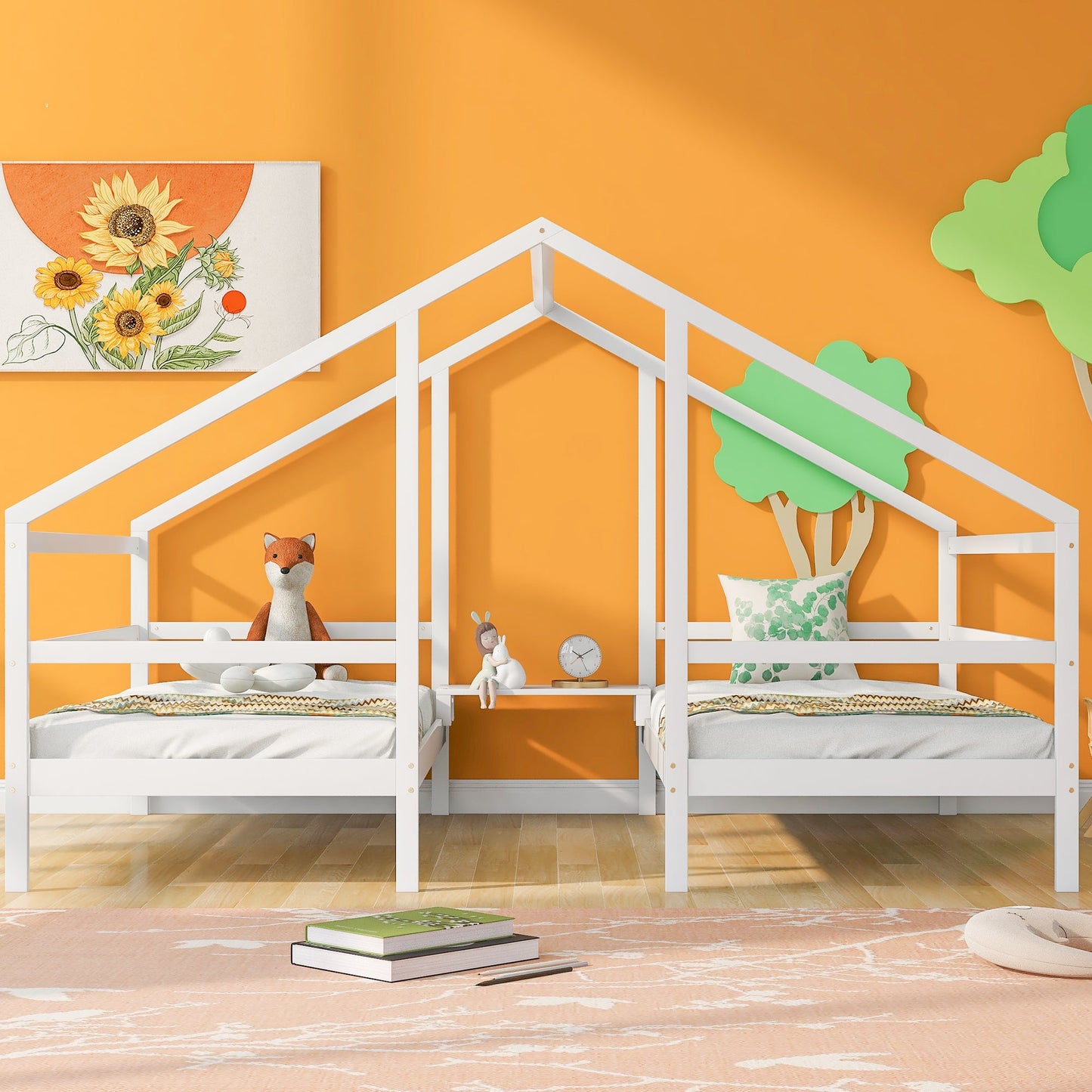 Cama Triangular de Tamaño Doble Twin con Mesa Incorporada - Blanca