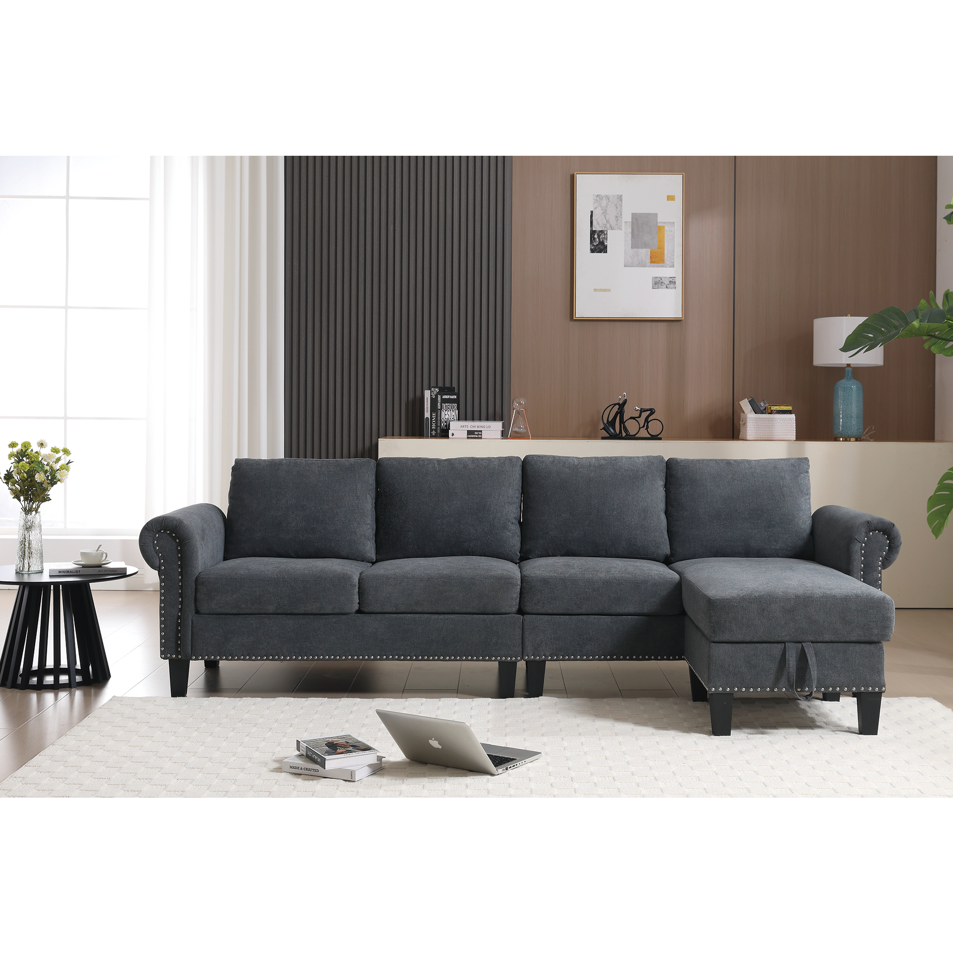 Convertible Sectional Sofa with Storage,L-shaped sofa Modern Linen Fabric Sectional Couches for Living Room,Gray - Korvel