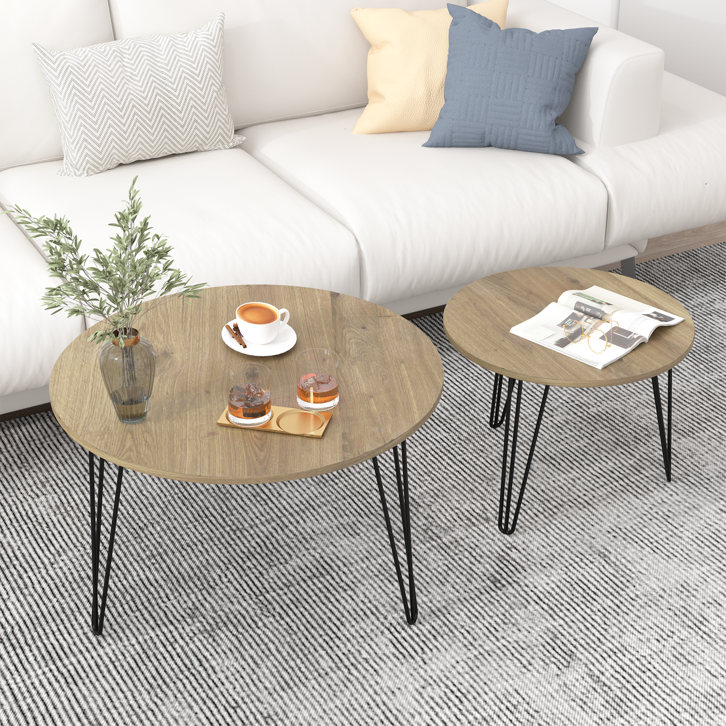 27.56'' Round Nesting Coffee Table Set of 2, Circular Nesting End Table Set  Sturdy Metal Base for Living Room, bedroom, Brown - Korvel