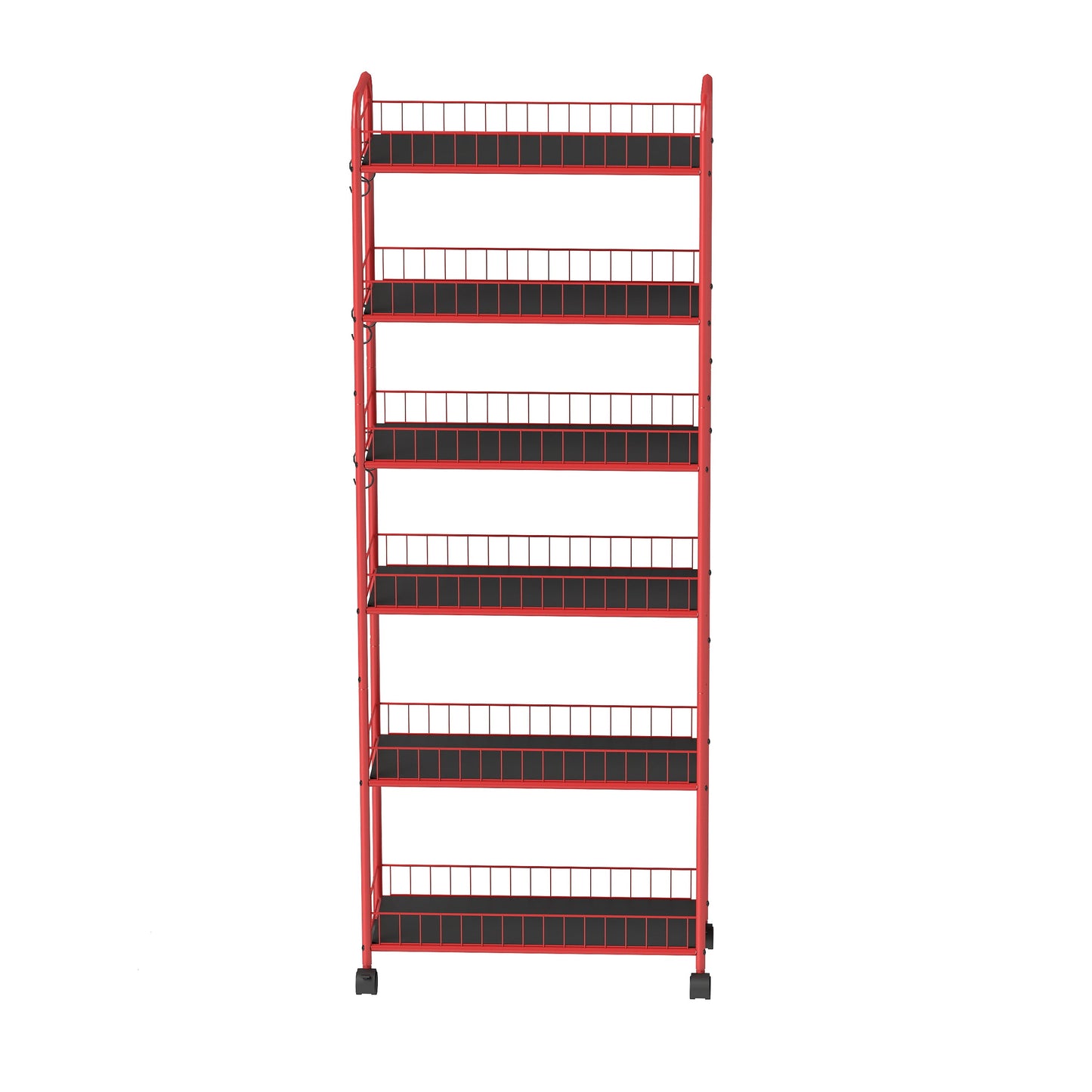 Red 6-story ultra-thin rolling storage cart, mobile shelves with wheels, metal wire storage rack with baskets - Korvel