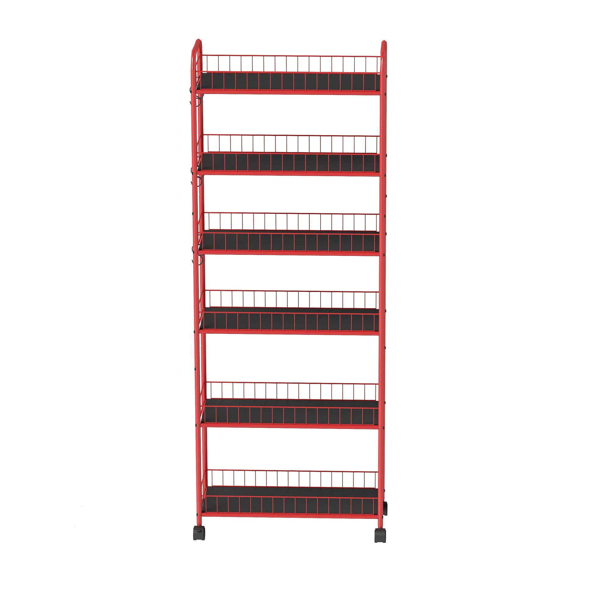 Red 6-story ultra-thin rolling storage cart, mobile shelves with wheels, metal wire storage rack with baskets - Korvel