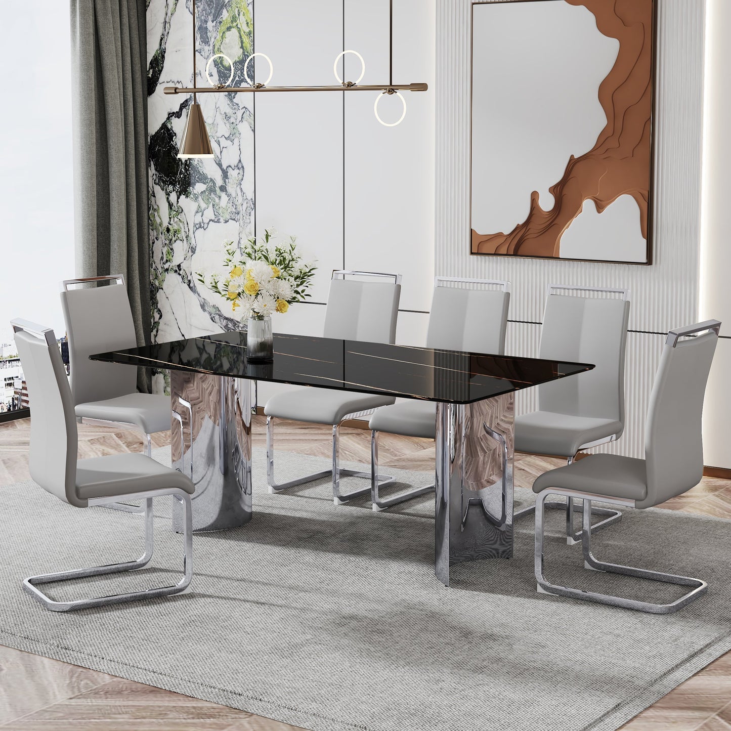 Modern minimalist dining table The black imitation marble glass desktop is equipped with silver metal legs - Korvel