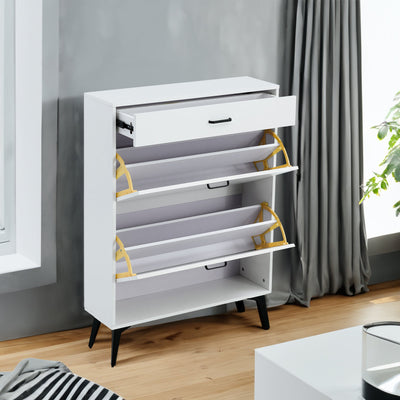 Shoe Cabinet , Shoe storage shelves, metal leg, White - Korvel