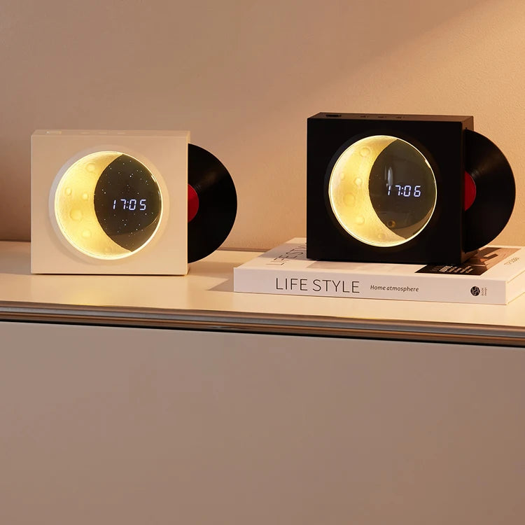 Creative Retro CD Design Bluetooth 3D Stereo Speaker Desktop Moon Lamp Clock Half Moon Starry Sky Atmosphere Night Light - Korvel