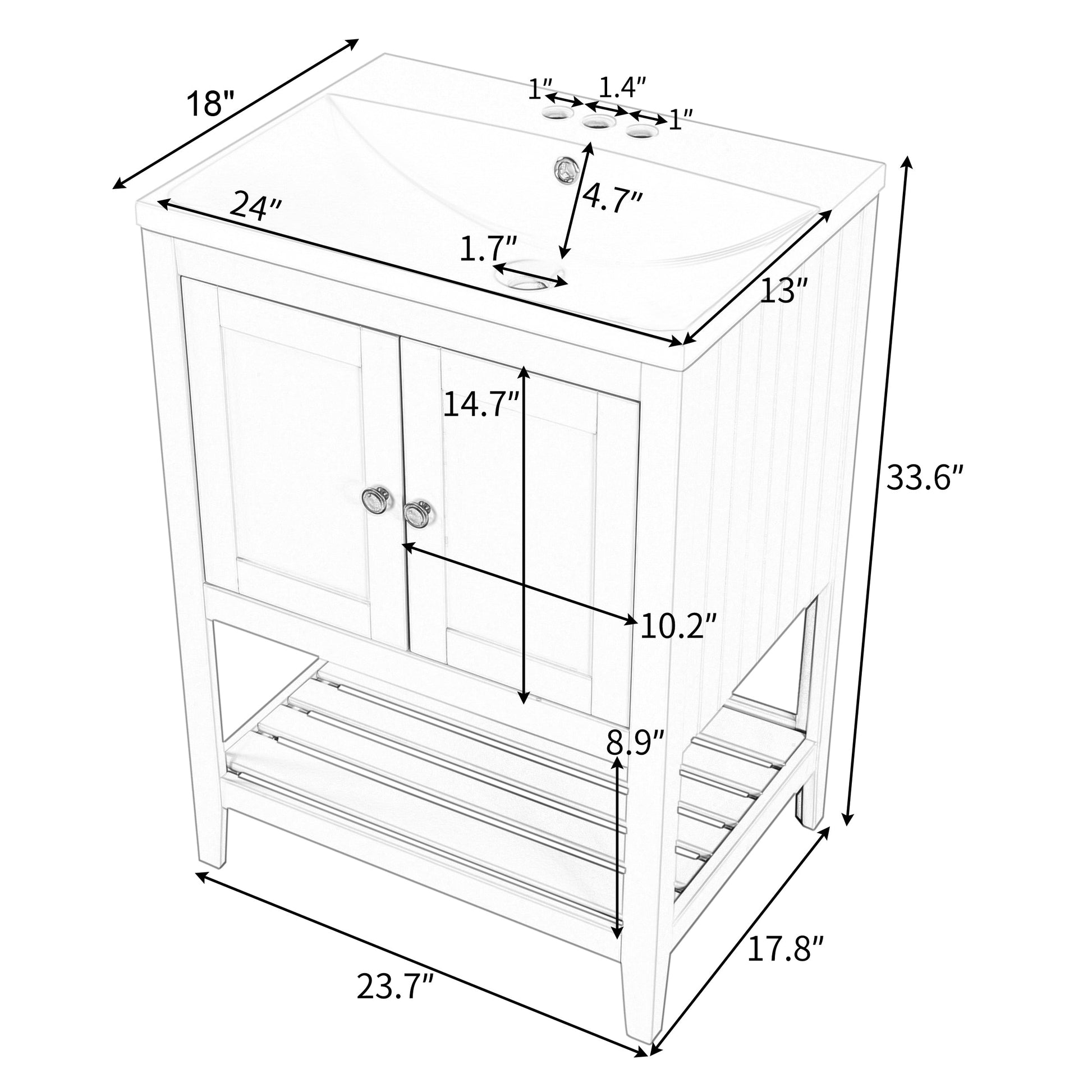24" White Modern Sleek Bathroom Vanity Elegant Ceramic Sink with Solid Wood Frame Open Style Shelf - Korvel
