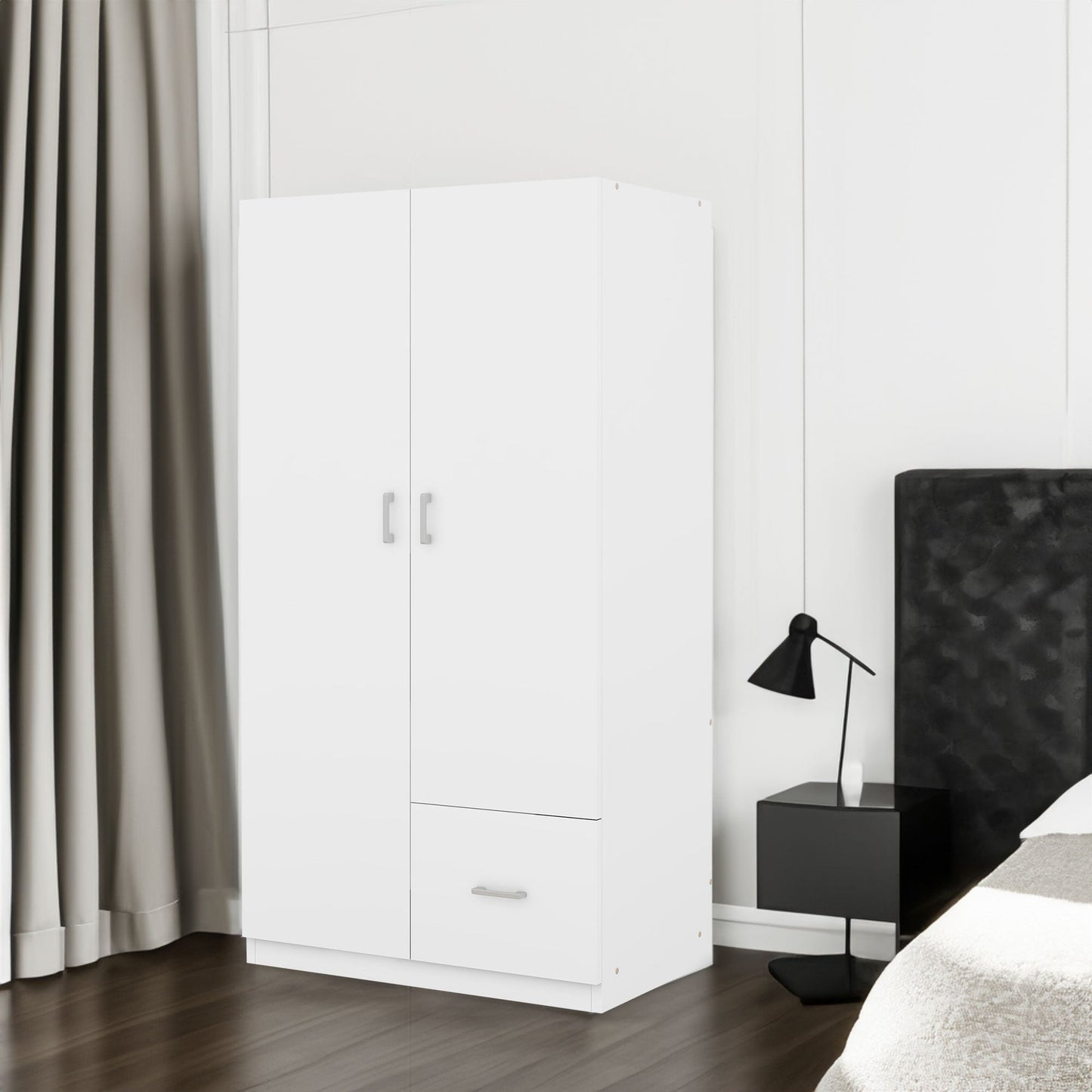 Wooden Wardrobe with Double Doors, Armoire with Hanging Rod, 5 Fixed Shelves, One Storage Drawer,White - Korvel