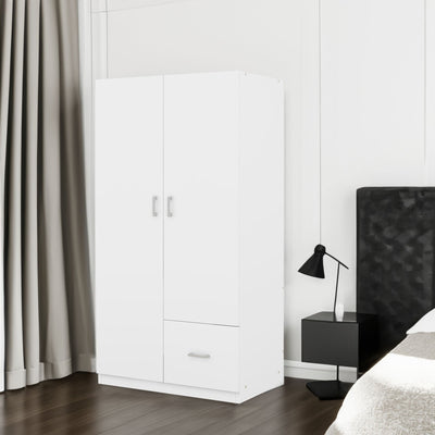 Wooden Wardrobe with Double Doors, Armoire with Hanging Rod, 5 Fixed Shelves, One Storage Drawer,White - Korvel