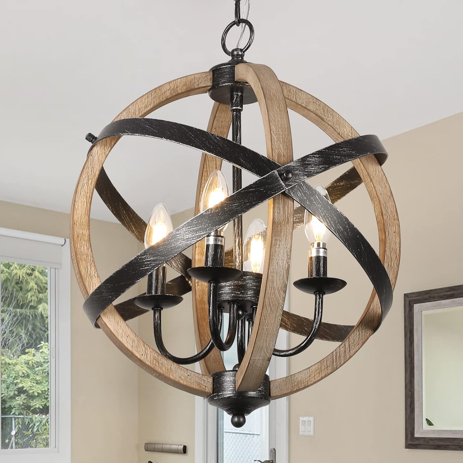 Farmhouse Chandelier Light Fixtures 4-Light Dining Room Light Fixtures Height Adjustable Rustic Wood Light - Korvel