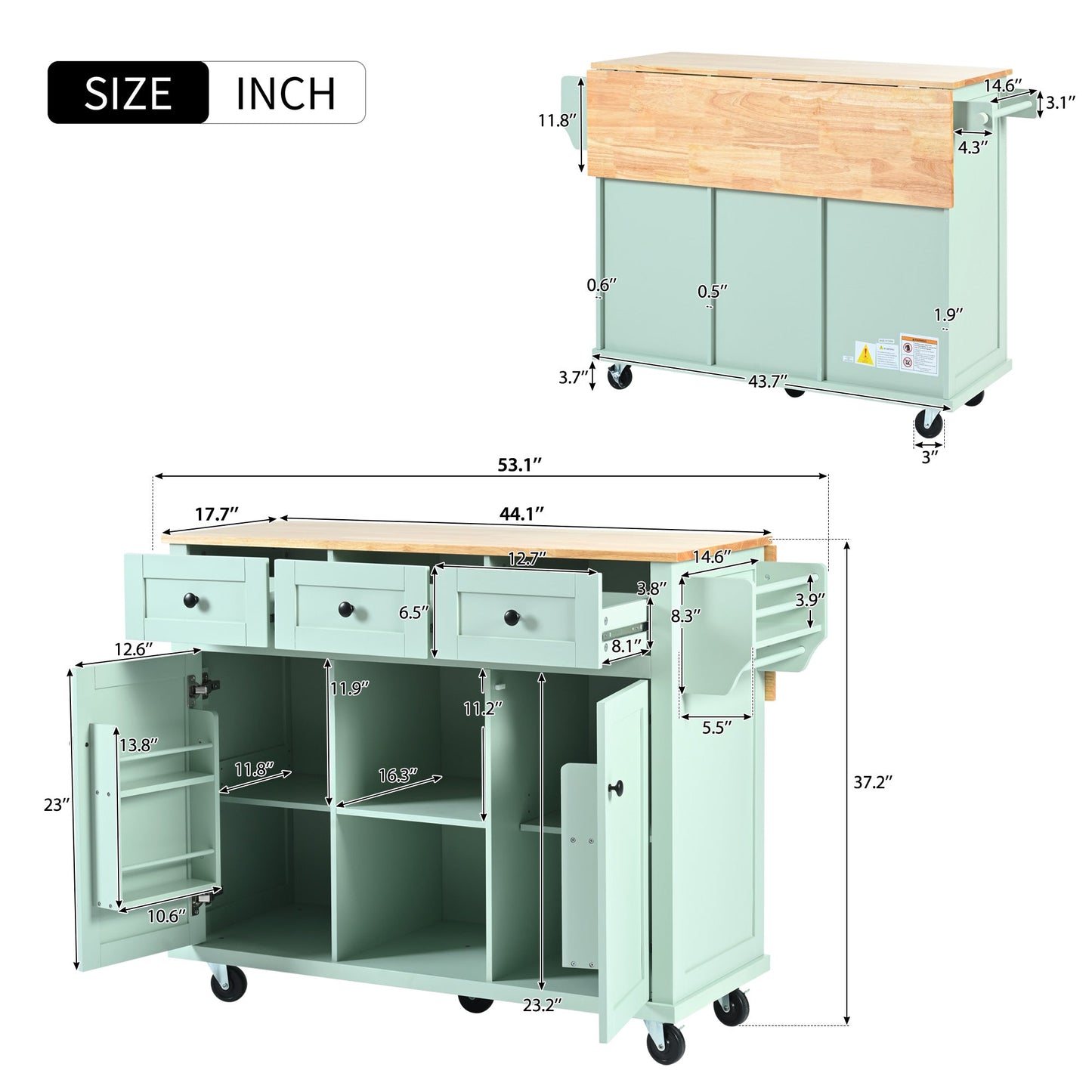 Kitchen trolley, cabinet door internal storage rack with storage cabinet and 3 dining room drawers, mint green - Korvel