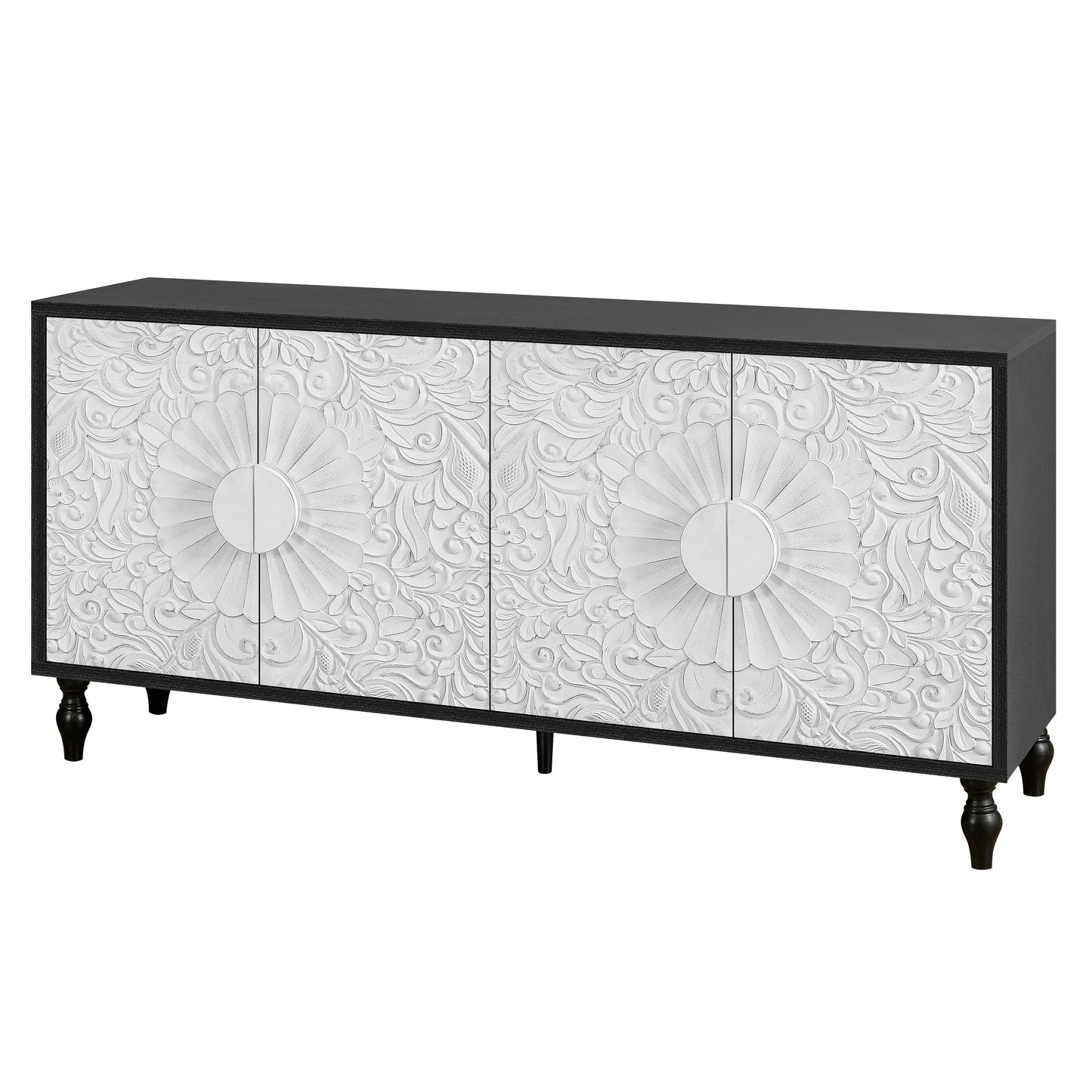 Vintage White Large Faceted Carved Sideboard with Black Frames