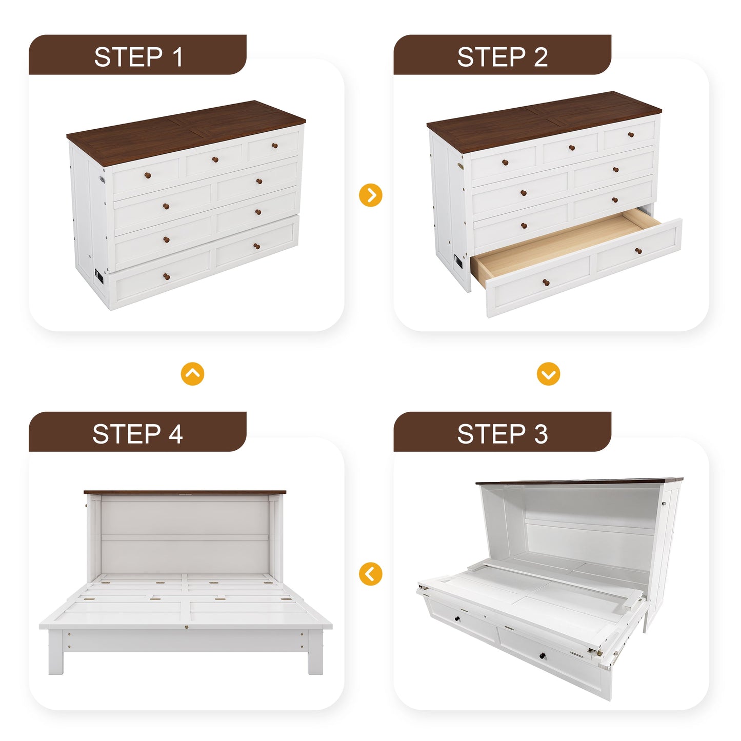 Solid Pine Murphy Bed Chest with Charging Station and Large Storage Drawer for Home Office or Small Room , Queen, White+Walnut - Korvel