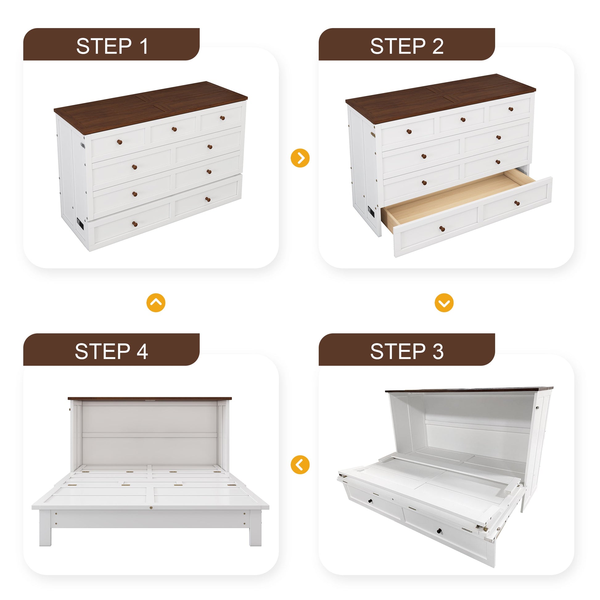 Solid Pine Murphy Bed Chest with Charging Station and Large Storage Drawer for Home Office or Small Room , Queen, White+Walnut - Korvel