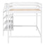 Full Size Loft Bed with Storage Staircase and Clothes Hanger - White