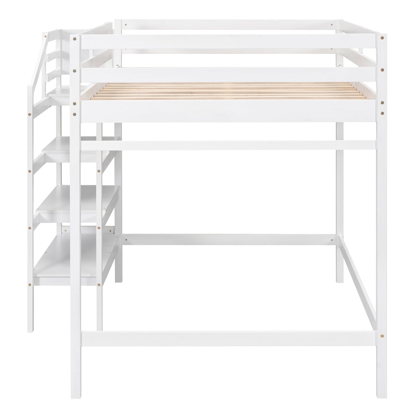 Full Size Loft Bed with Storage Staircase and Clothes Hanger - White