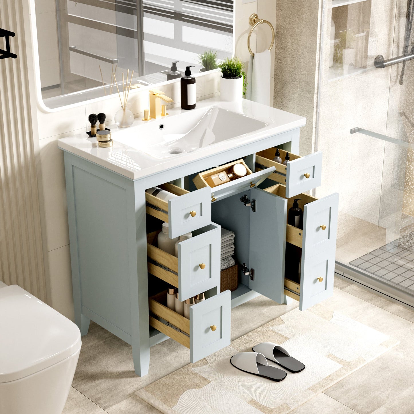 Meuble de salle de bain bleu clair de 36" avec évier en résine et rangement