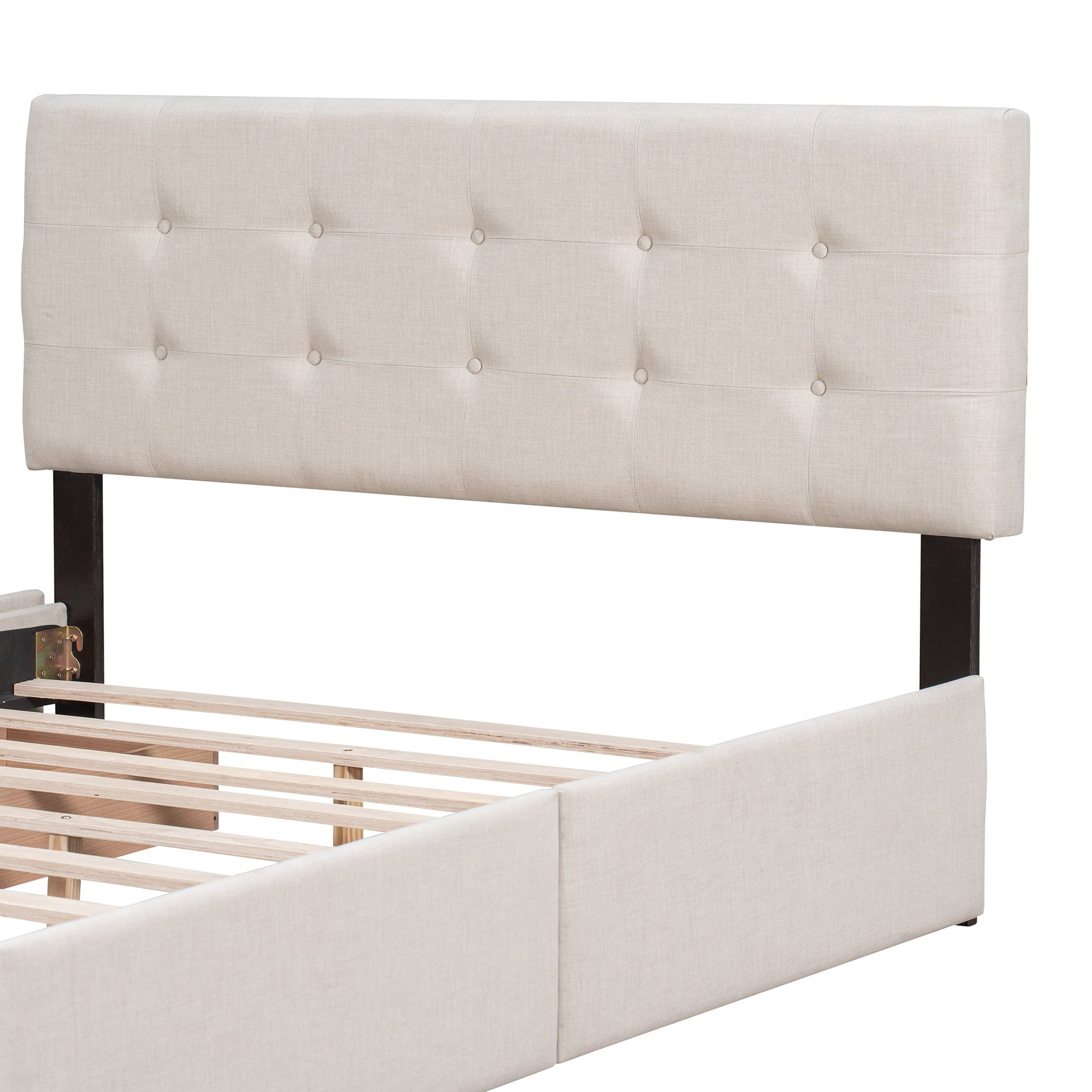 Upholstered Platform Bed with Classic Headboard and 4 Drawers No Box Spring Needed Linen Fabric Queen Size Beige - Korvel