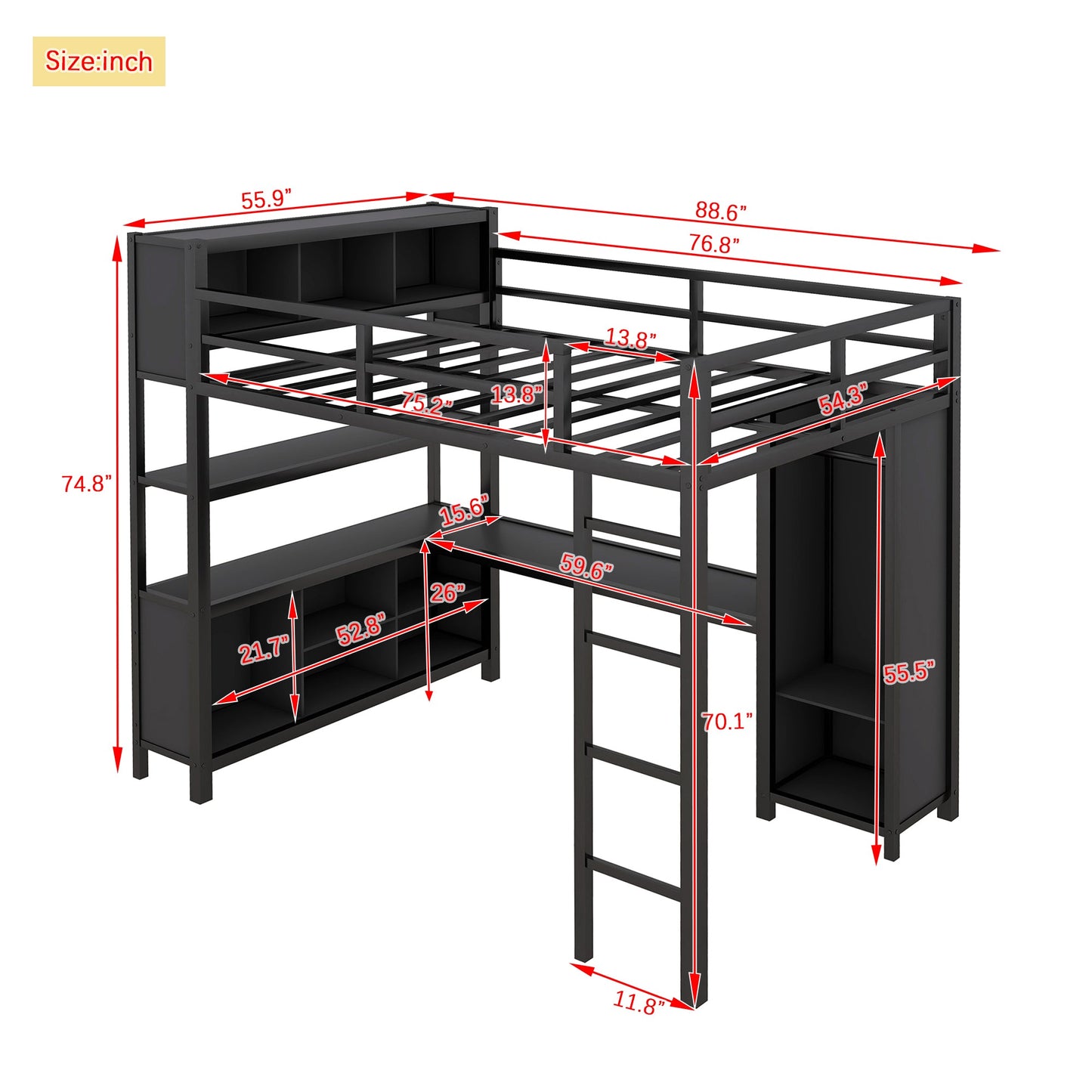 Lit mezzanine en métal premium avec armoire et bureau