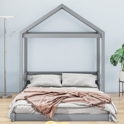 Wood Full Size House Bed with Guardrail, Grey - Korvel