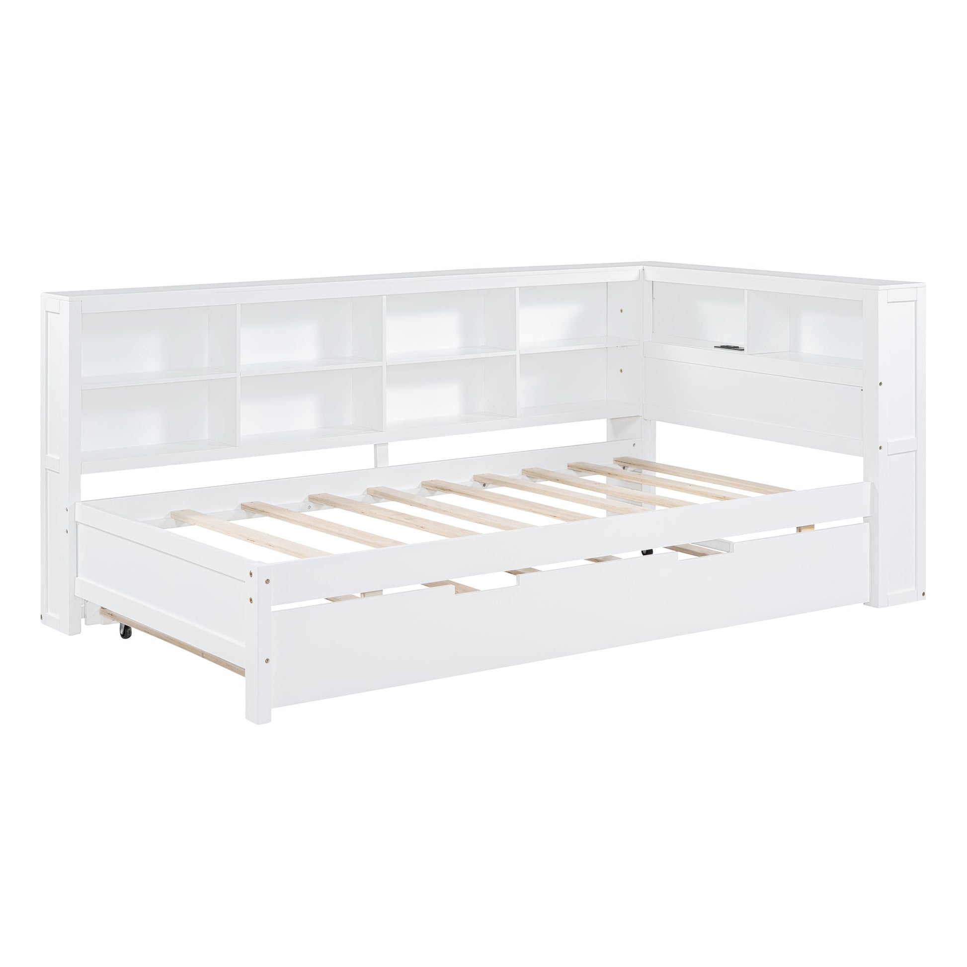 Wooden Twin Size DayBed with Twin Trundle, DayBed with Storage Shelf and USB Charging Ports,White - Korvel