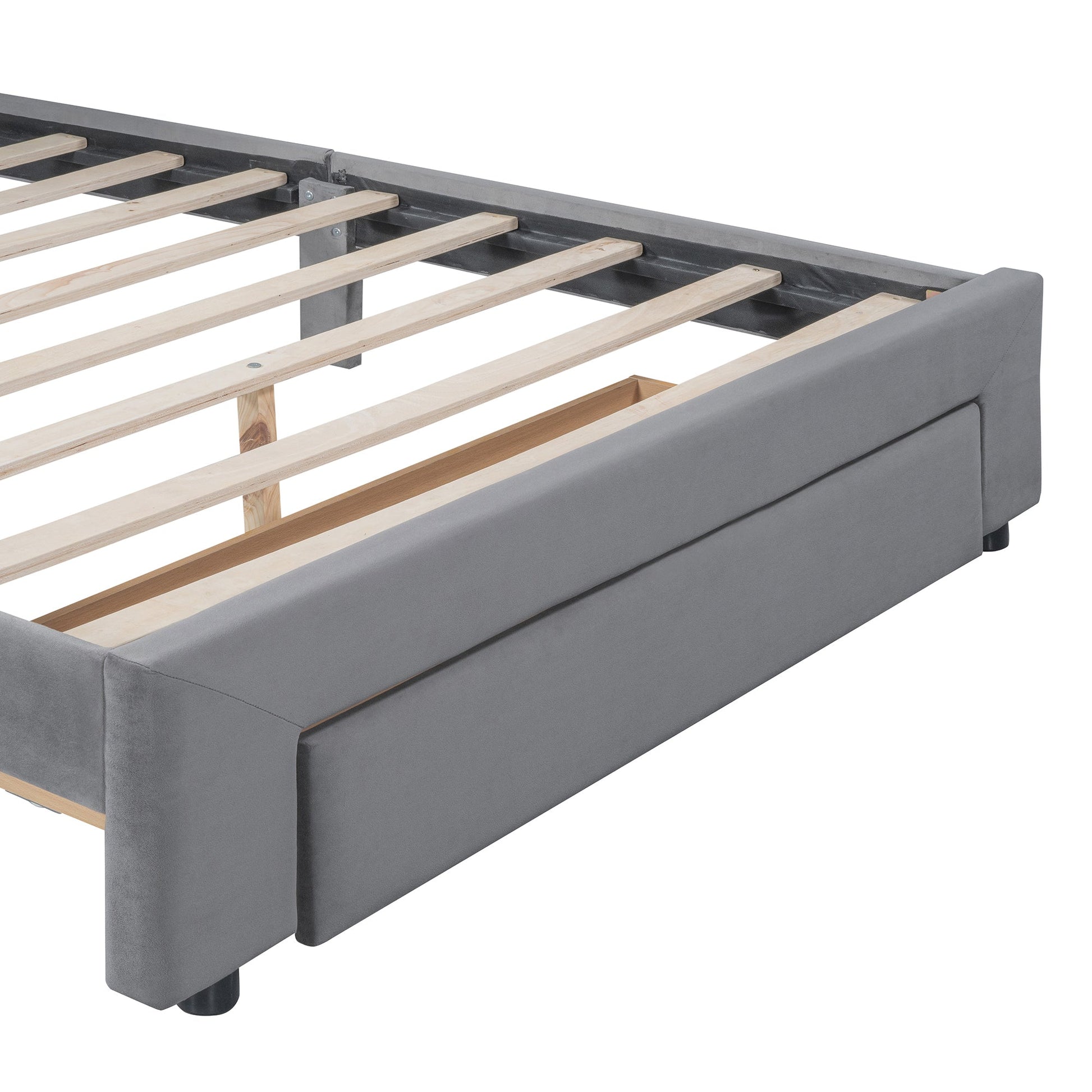Full Size Storage Bed Velvet Upholstered Platform Bed with a Big Drawer - Gray - Korvel