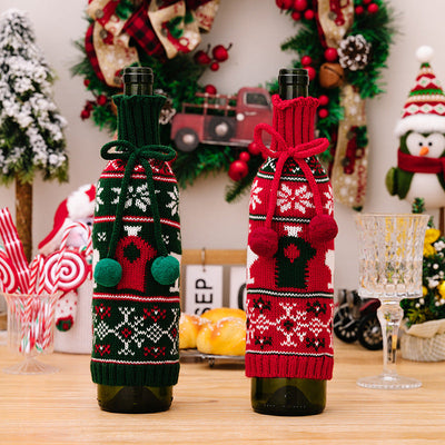 Fundas de Botellas de Vino Tejidas Festivas y Decoración Navideña
