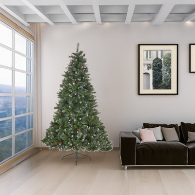9' Glitter Bristle Mixed Hinged Tree with 72 Red Berry and 73 Pine Cones and 2099 tips,Dia:66 - Korvel