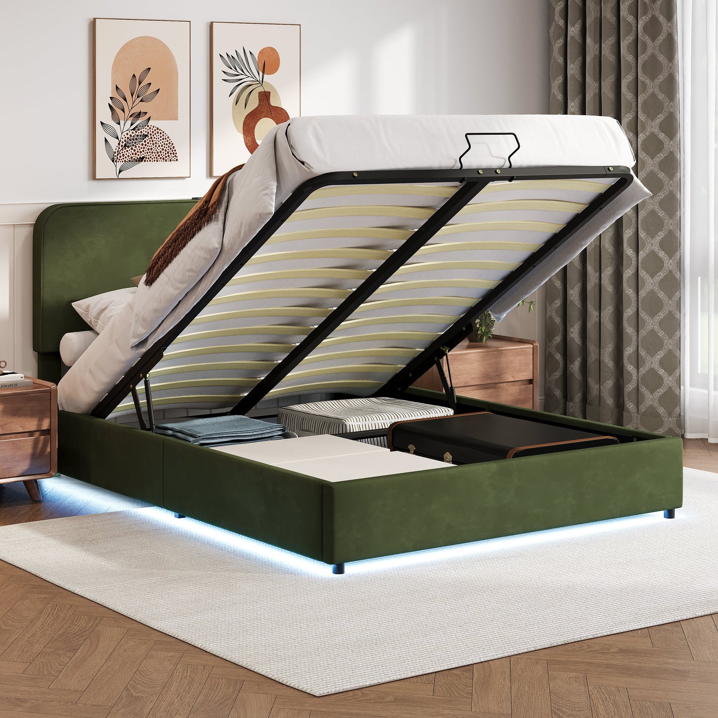 Hydraulic Storage Bed with RGB LED Lights and Bluetooth Speaker