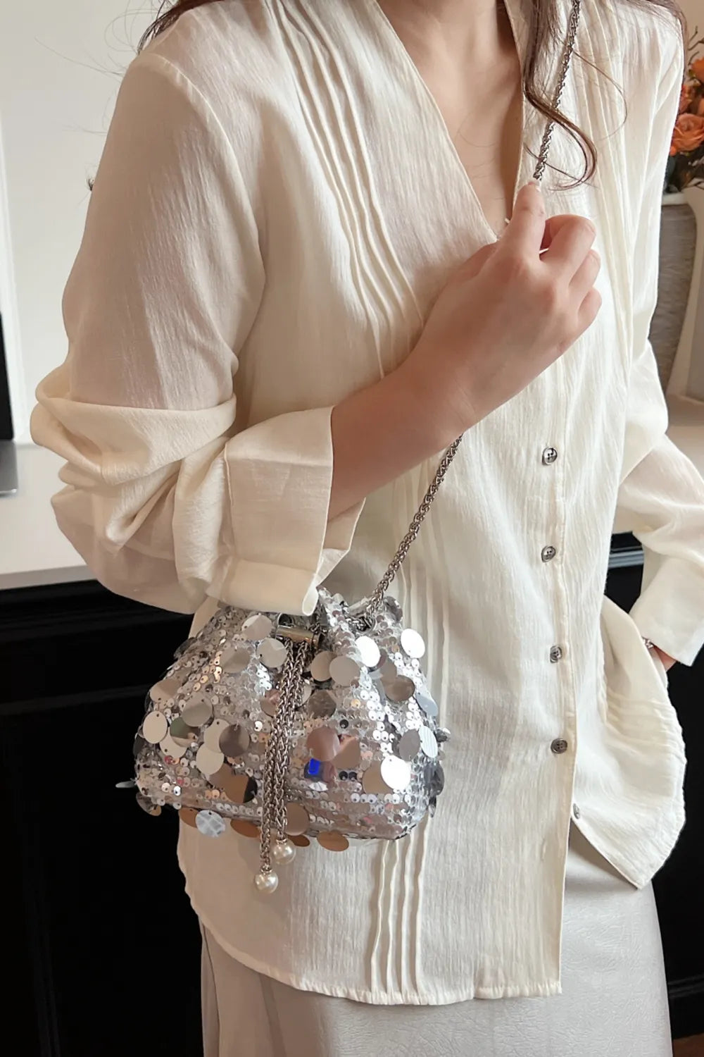 Drawstring Sequin Crossbody Bag - Korvel