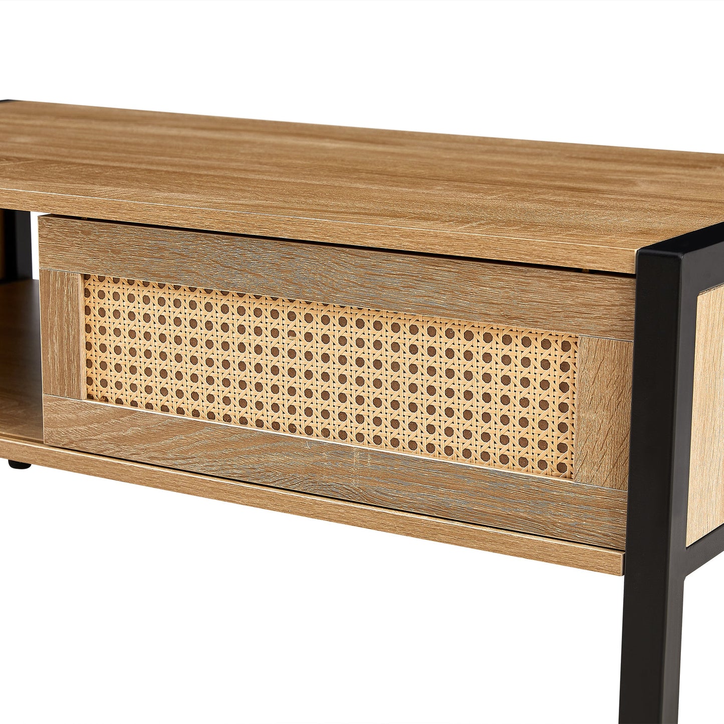 40.16" Rattan Coffee table, sliding door for storage, metal legs, Modern table for living room , natural - Korvel