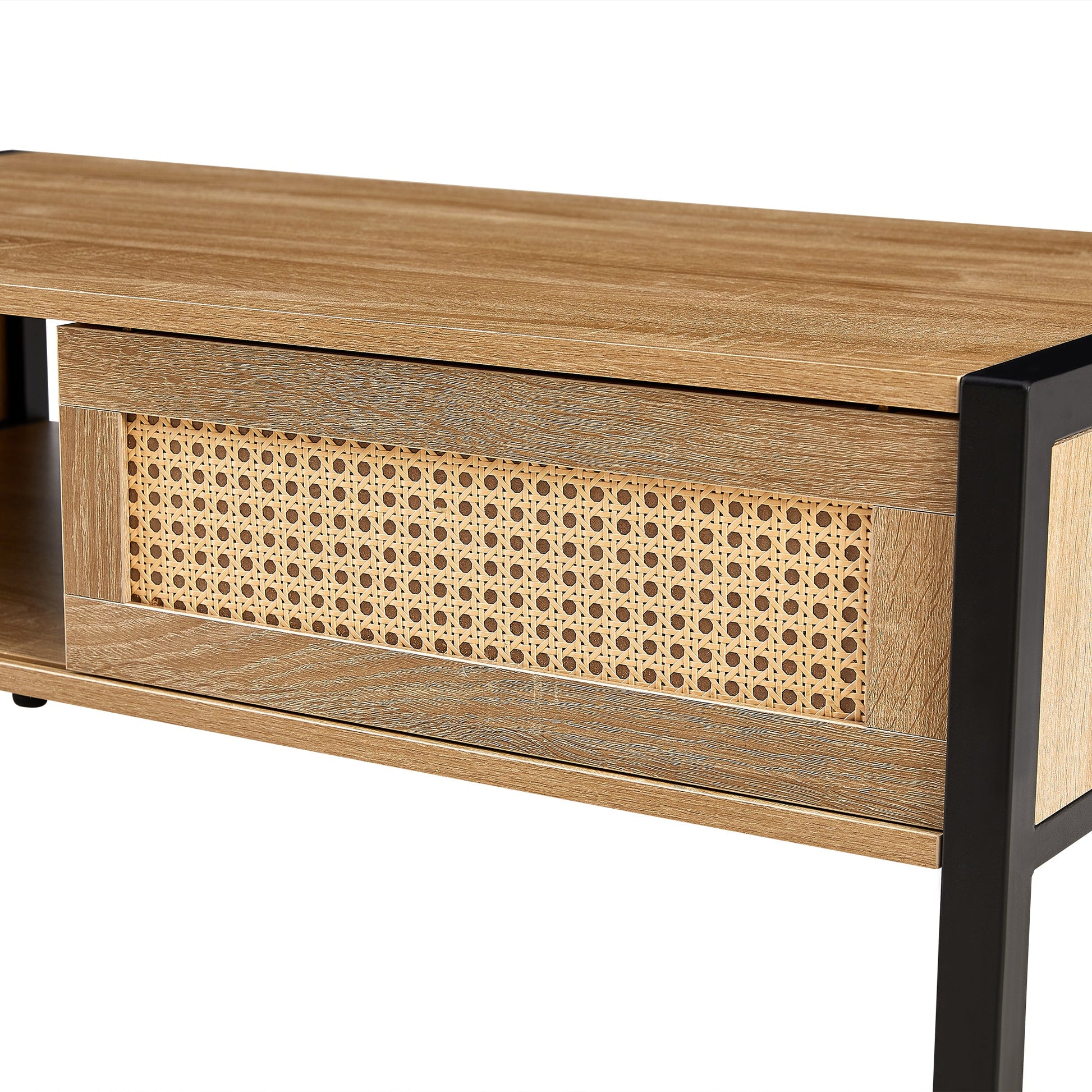 40.16" Rattan Coffee table, sliding door for storage, metal legs, Modern table for living room , natural - Korvel