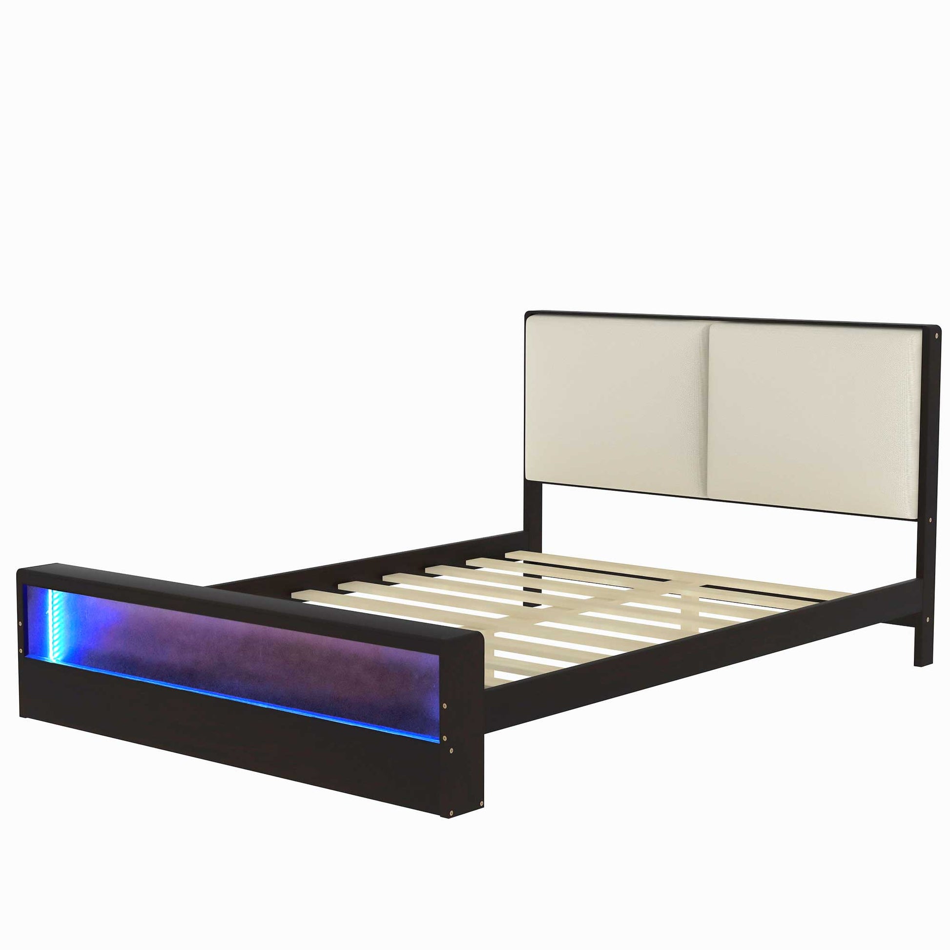 Queen Size Platform Bed Frame with Upholstery Headboard and Bookshelf in Footboard and LED Light Strips, Espresso - Korvel