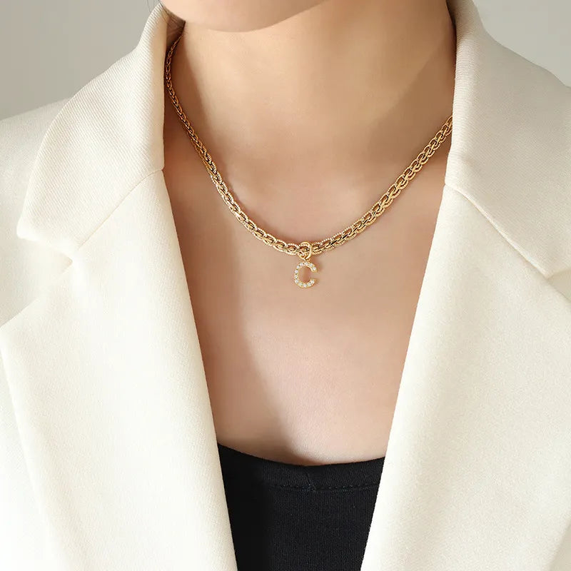 Brass Inlaid Zircon Letter Pendant Necklace - Korvel