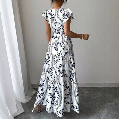 Spring Summer New Printed Ruffled V-Neck Sexy Fitted Slimming Long Dress Gown - Korvel