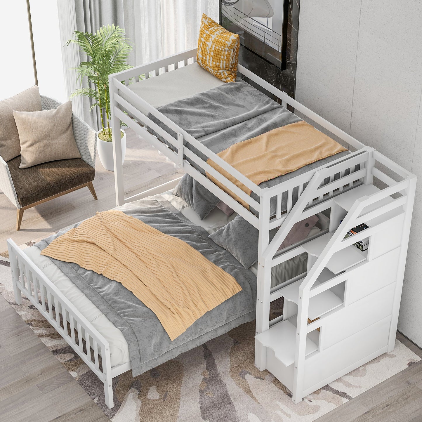 Twin over Full Loft Bed with Staircase,White - Korvel