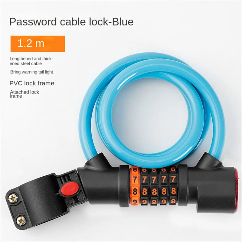1.2M/1.8M Bike Lock Anti-theft 5 Digit Combination Password Security Lock With LED Light MTB Road Bike Steel Cable Bicycle Lock - Korvel