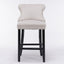 Velvet padded wing back bar stool with button tuft decoration and wooden leg chrome nail head decoration 2-piece set (beige) - Korvel