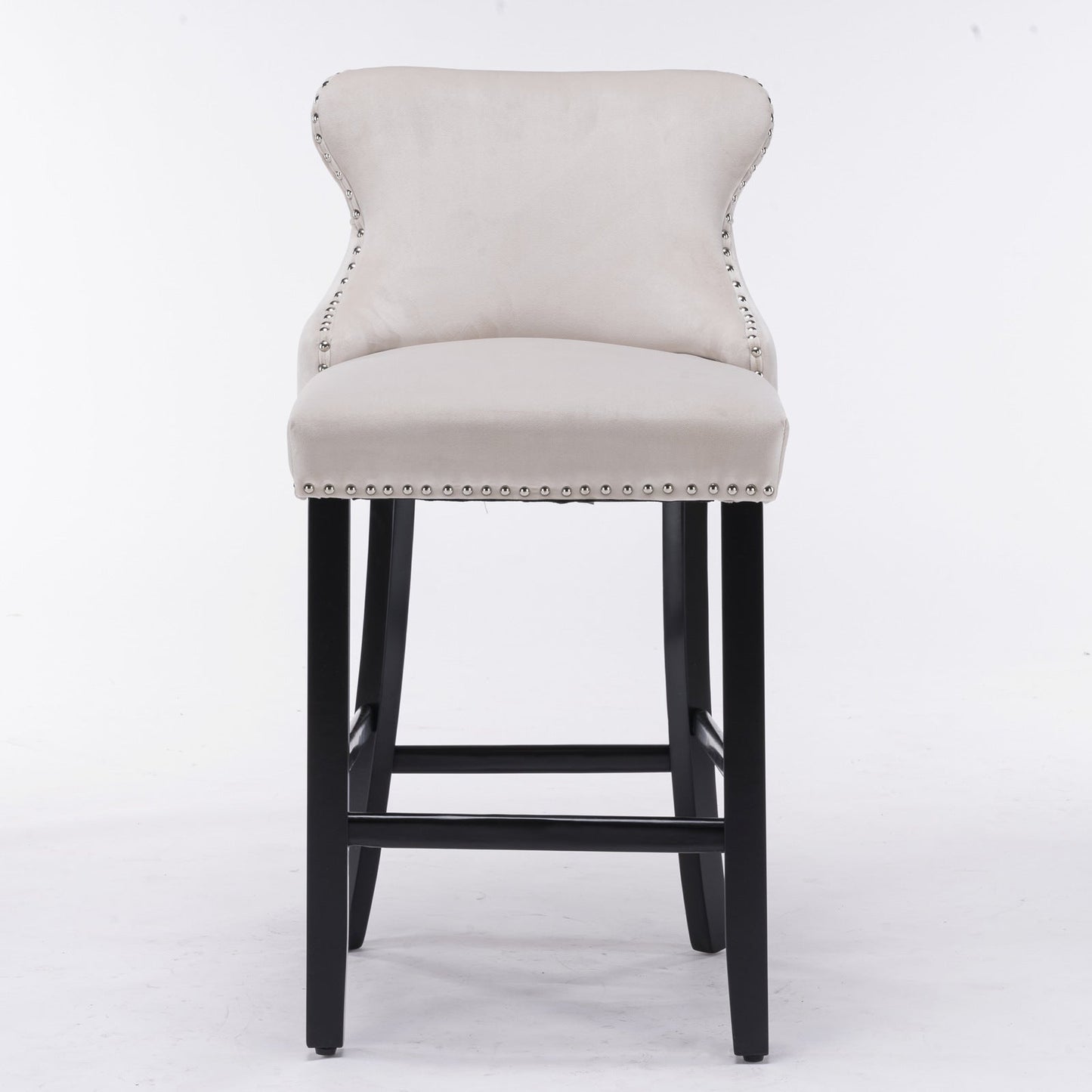 Velvet padded wing back bar stool with button tuft decoration and wooden leg chrome nail head decoration 2-piece set (beige) - Korvel