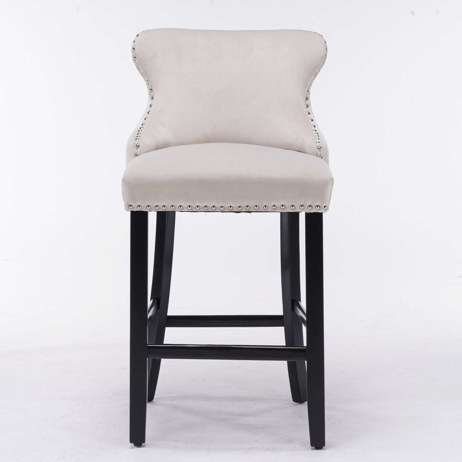 Velvet padded wing back bar stool with button tuft decoration and wooden leg chrome nail head decoration 2-piece set (beige) - Korvel