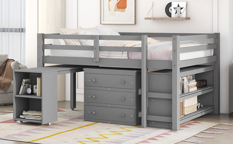 Low Study Full Loft Bed with Cabinet Shelves and Rolling Portable Desk Multiple Functions Bed- Gray - Korvel