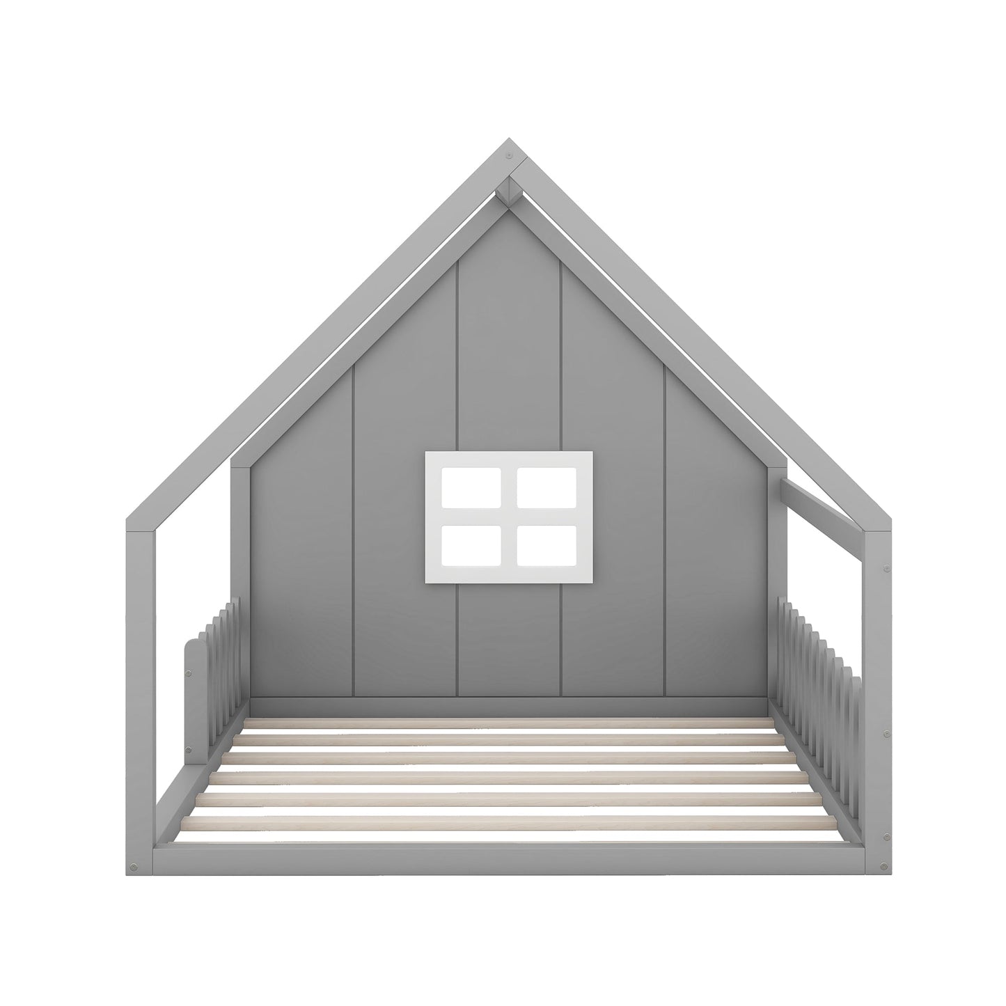 Full Size Wood House Bed with Window and Fence  Gray - Korvel