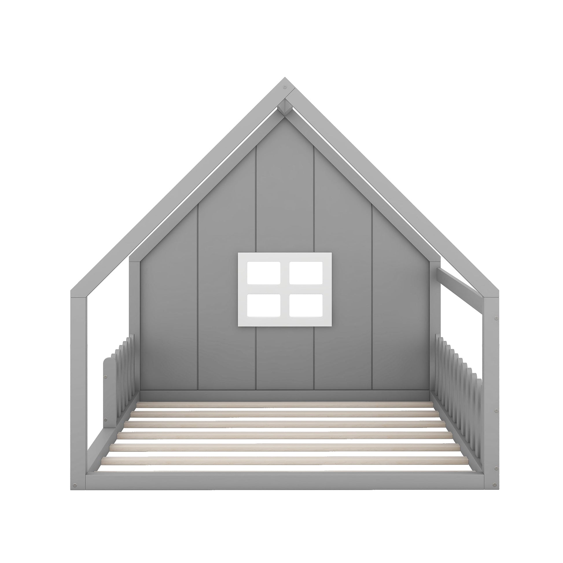 Full Size Wood House Bed with Window and Fence  Gray - Korvel